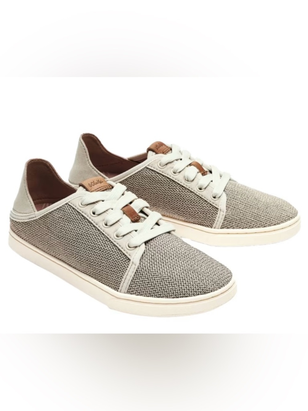 OluKai Pehuea Li Taupe Woven Mesh Drop-In Heel Lace-Up Slip-On Sneakers, 7/7.5